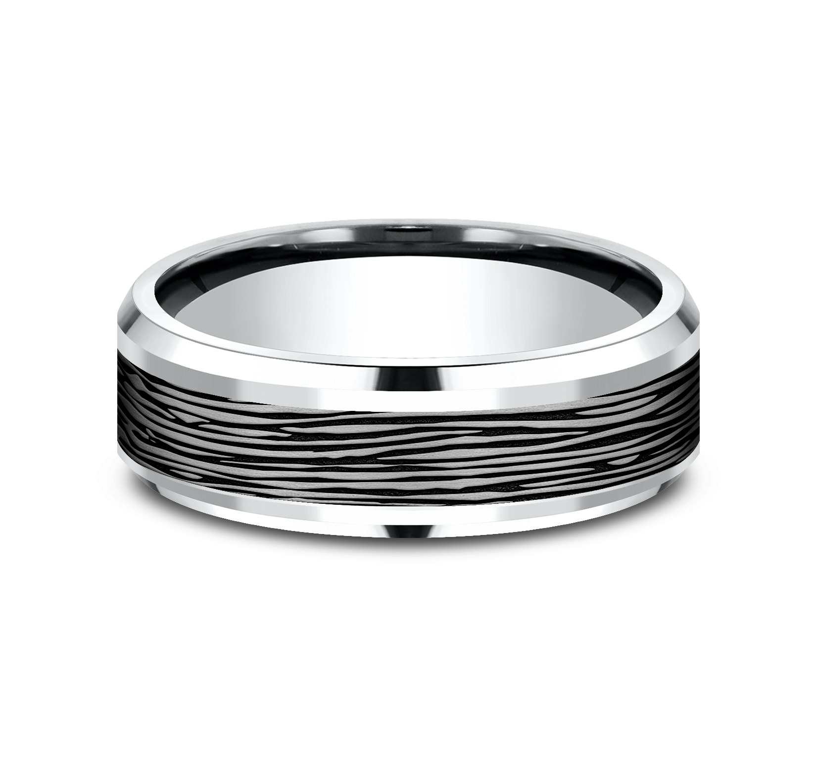 Bark Patterned Tantalum Center 14k White Gold Men's Band, 7mm